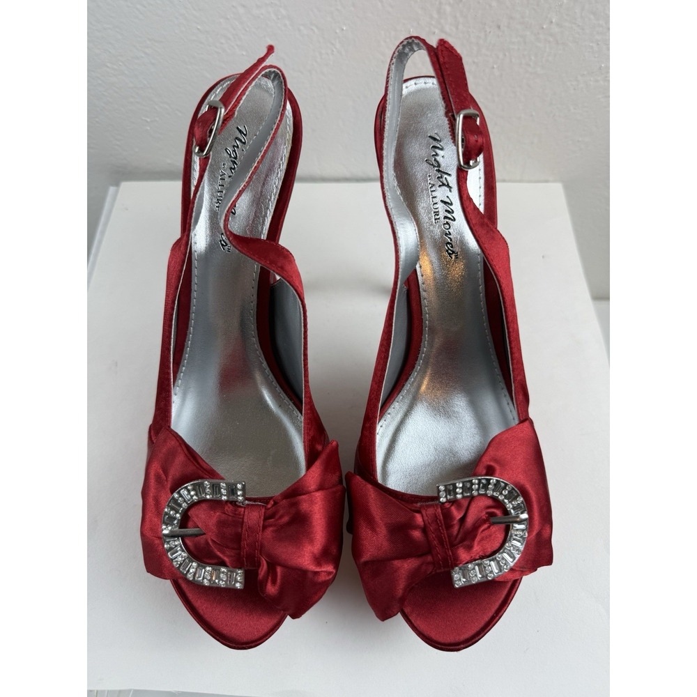Y2K Night Moves Red Bow Satin Rhinestone Buckle Platform Slingback Heels Size 8 - Picture 2 of 10